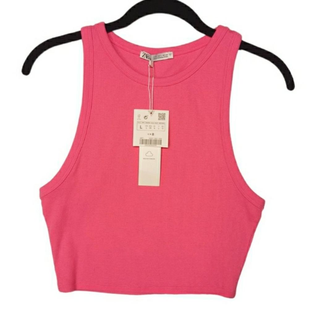 ZARA Pink Ribbed Cropped Stretchy Sleeveless Large Top NWT